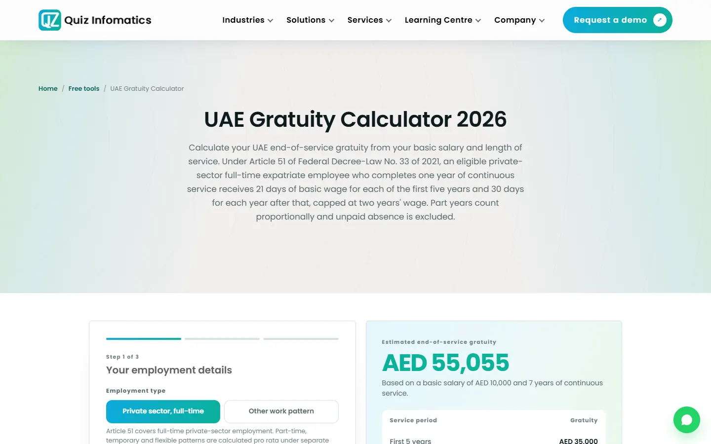 QZ Infomatics UAE gratuity calculator page