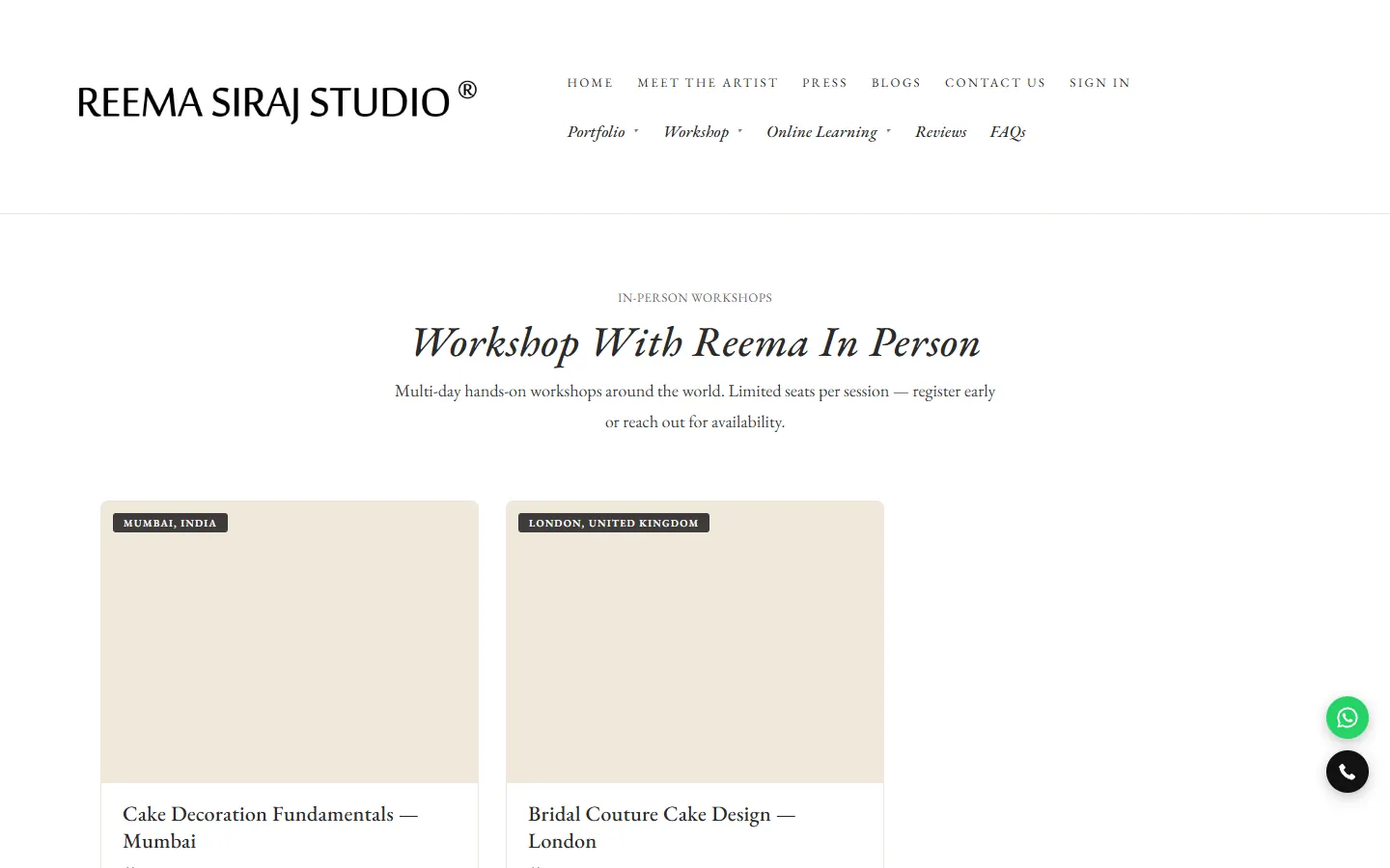 Reema Siraj Studio in-person workshop page